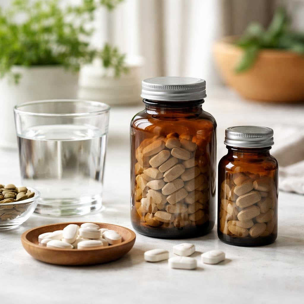 Zinc mineral supplement bottles and capsules on counter