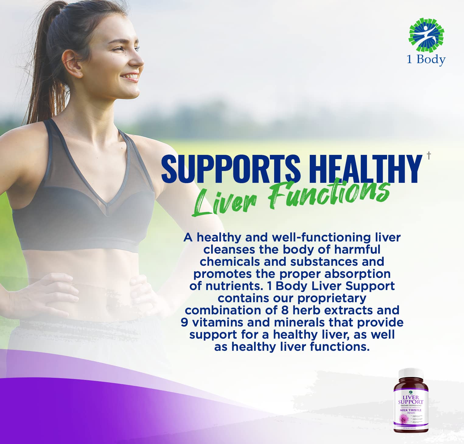 1 Body Liver Cleanse on a table with a glass of water for digestion support.