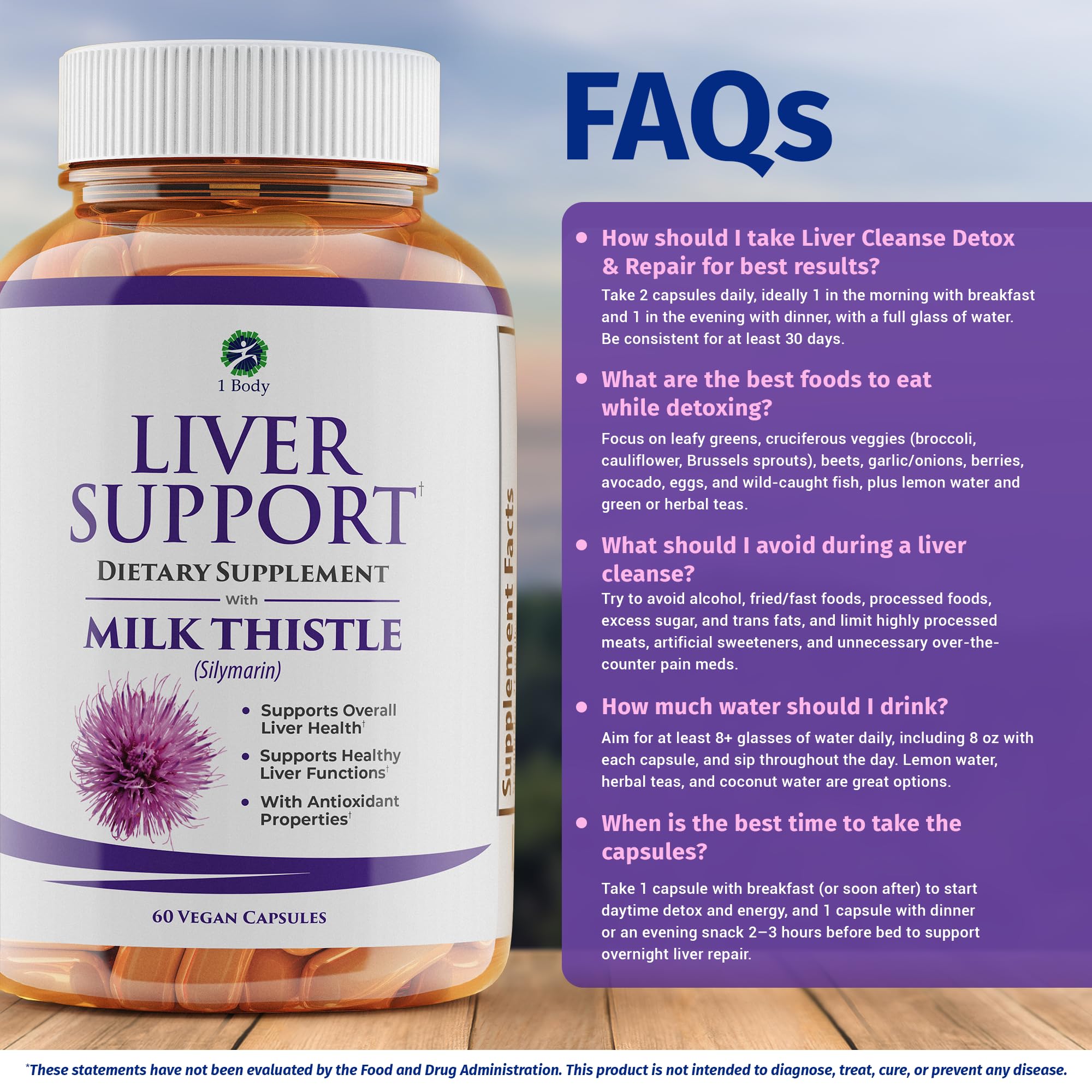 1 Body Liver Support Silymarin ingredient emphasis for antioxidant support.