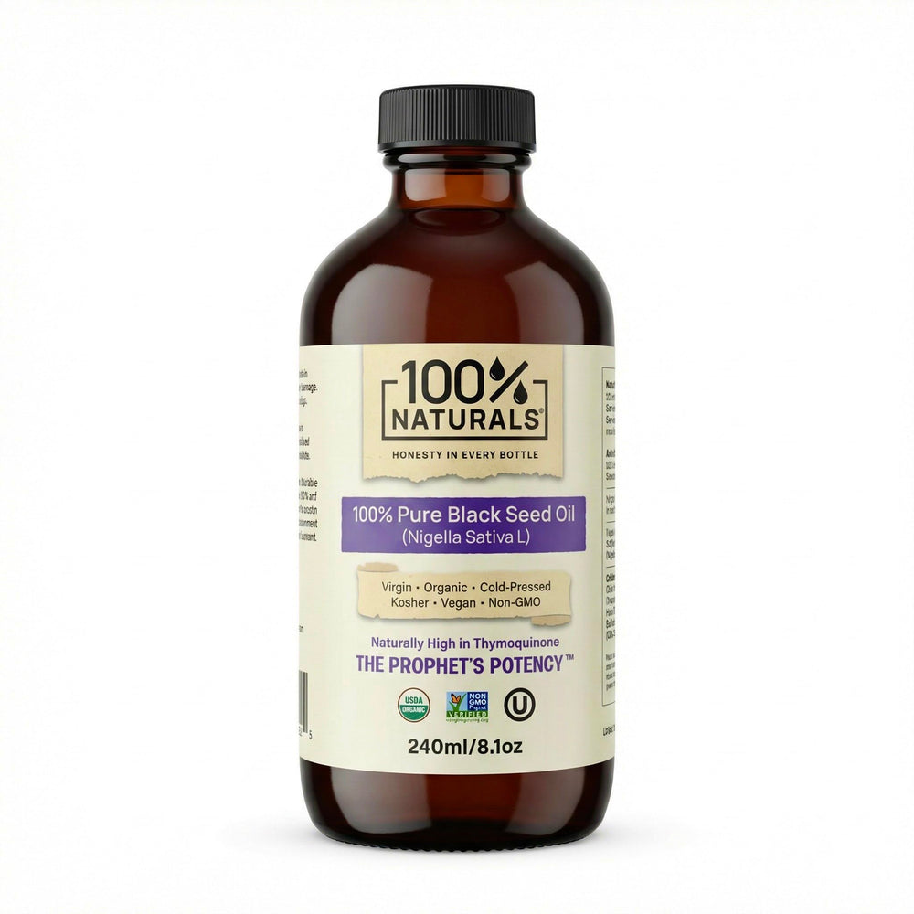 100% Naturals black seed oil bottle front view for daily wellness use