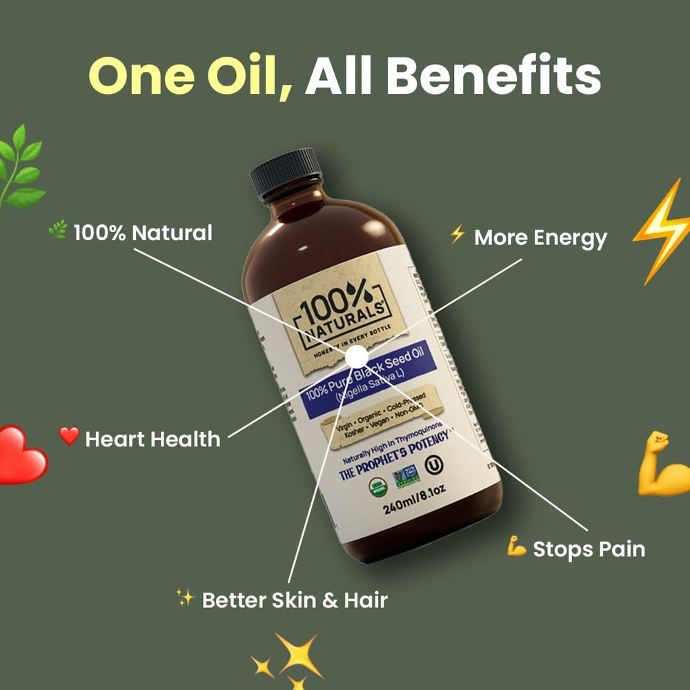 100% Naturals black seed oil close-up of the single-ingredient oil