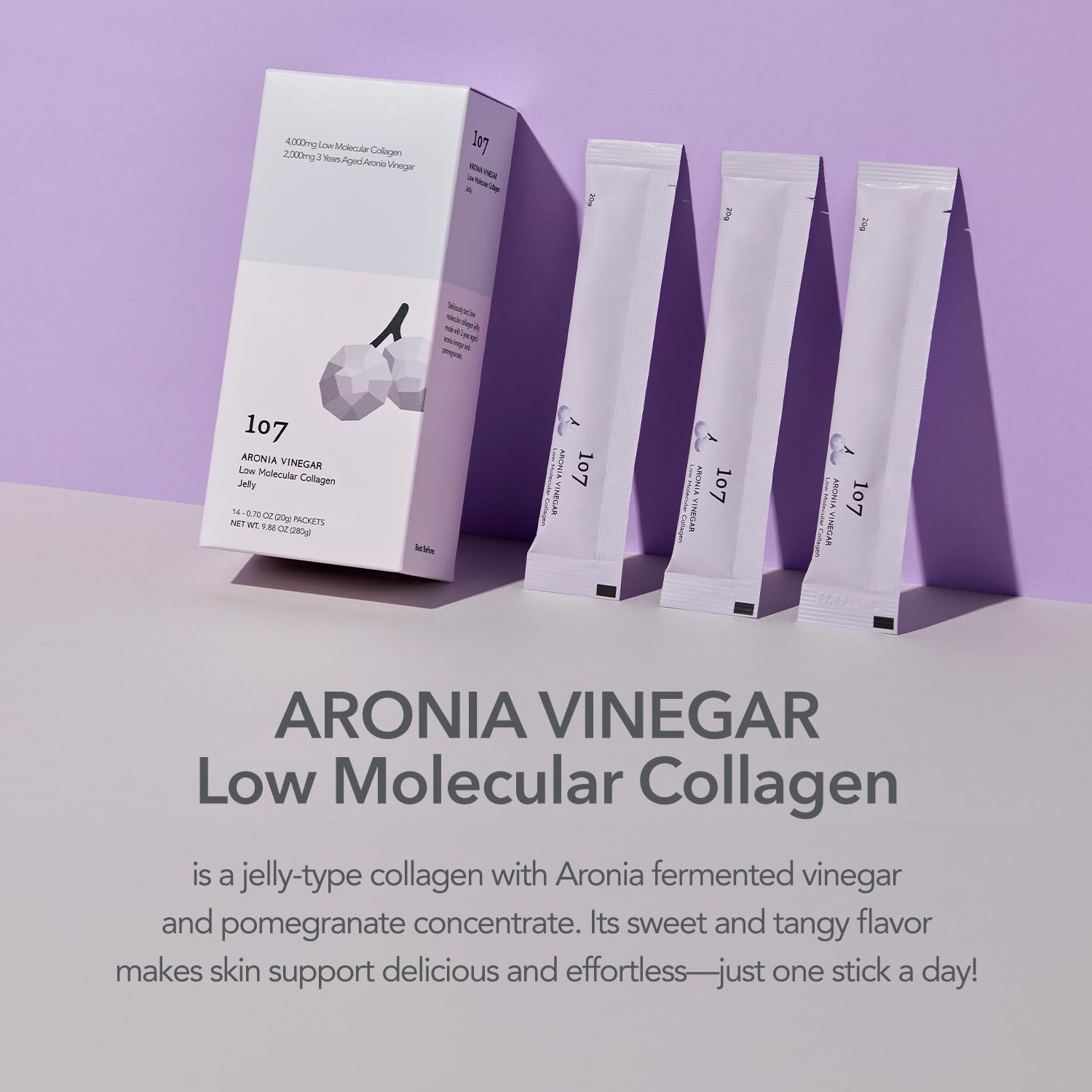 107 ARONIA jelly-stick nutrition panel emphasizes 4000 mg collagen per serving
