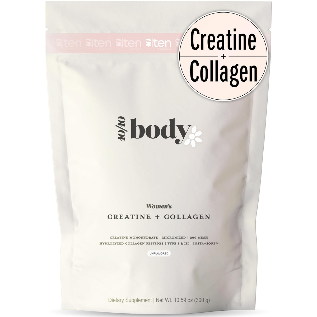 10Ten Nutrition Creatine + Collagen for Women bottle showing pure unflavored formula for lean muscle support