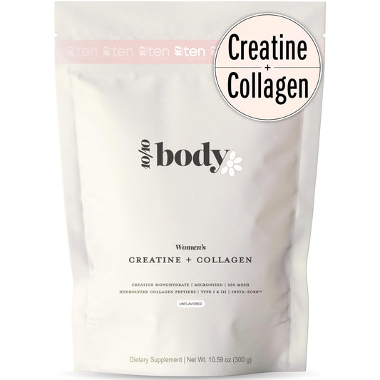 10Ten Nutrition Creatine + Collagen for Women bottle showing pure unflavored formula for lean muscle support