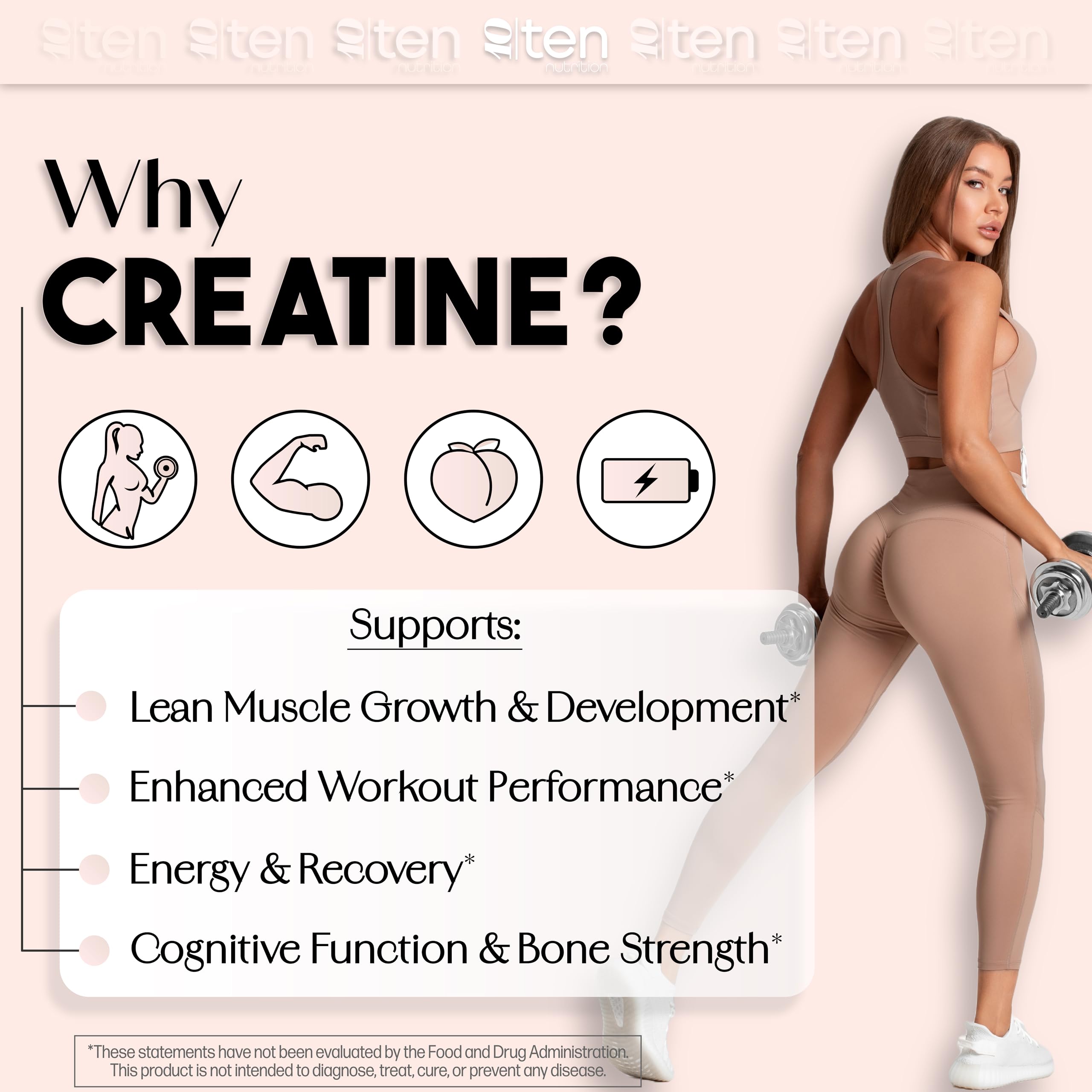 10Ten Nutrition Creatine + Collagen for Women label highlighting 5000 mg collagen peptides for joints and skin