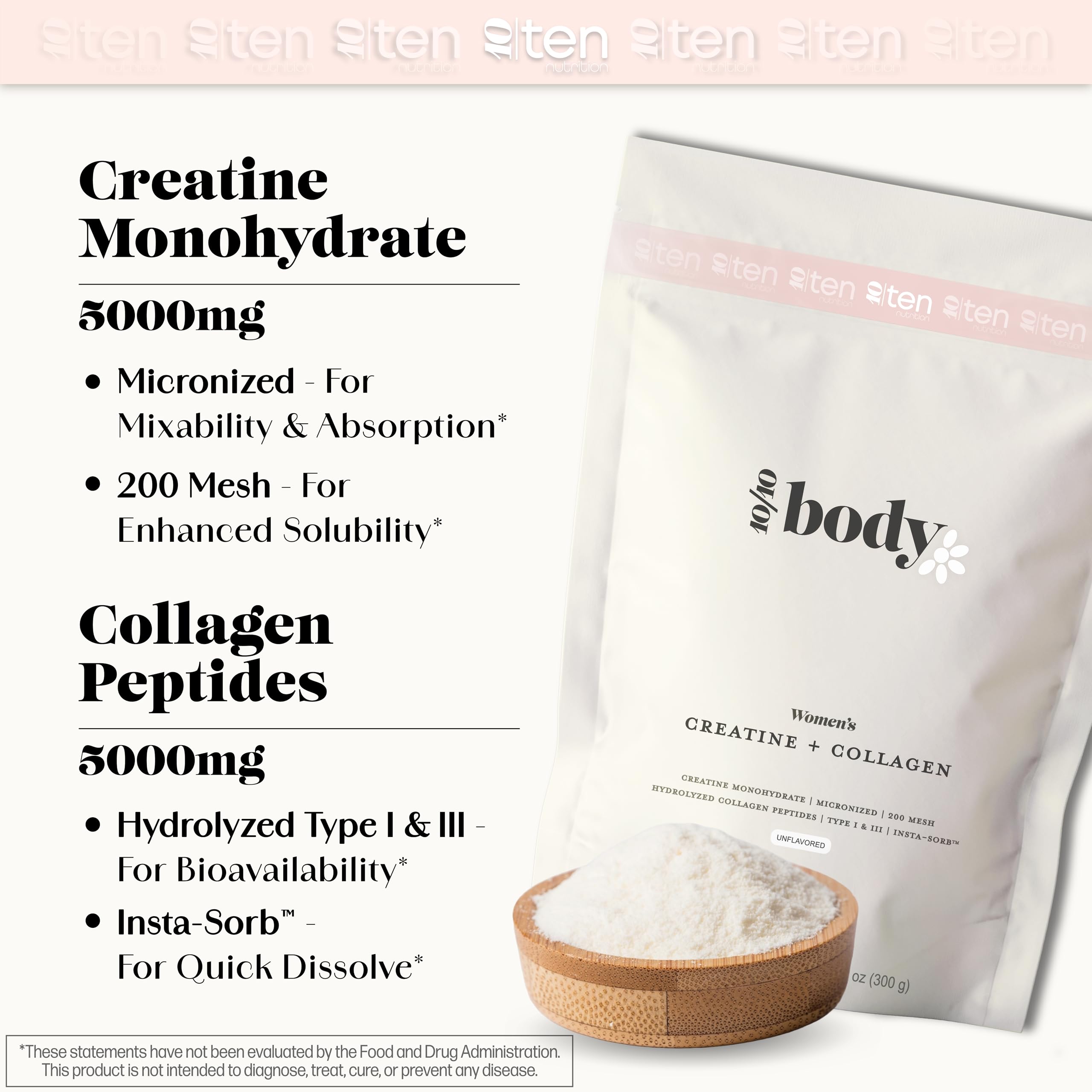 10Ten Nutrition Creatine + Collagen for Women scoop measuring a serving for energy during training