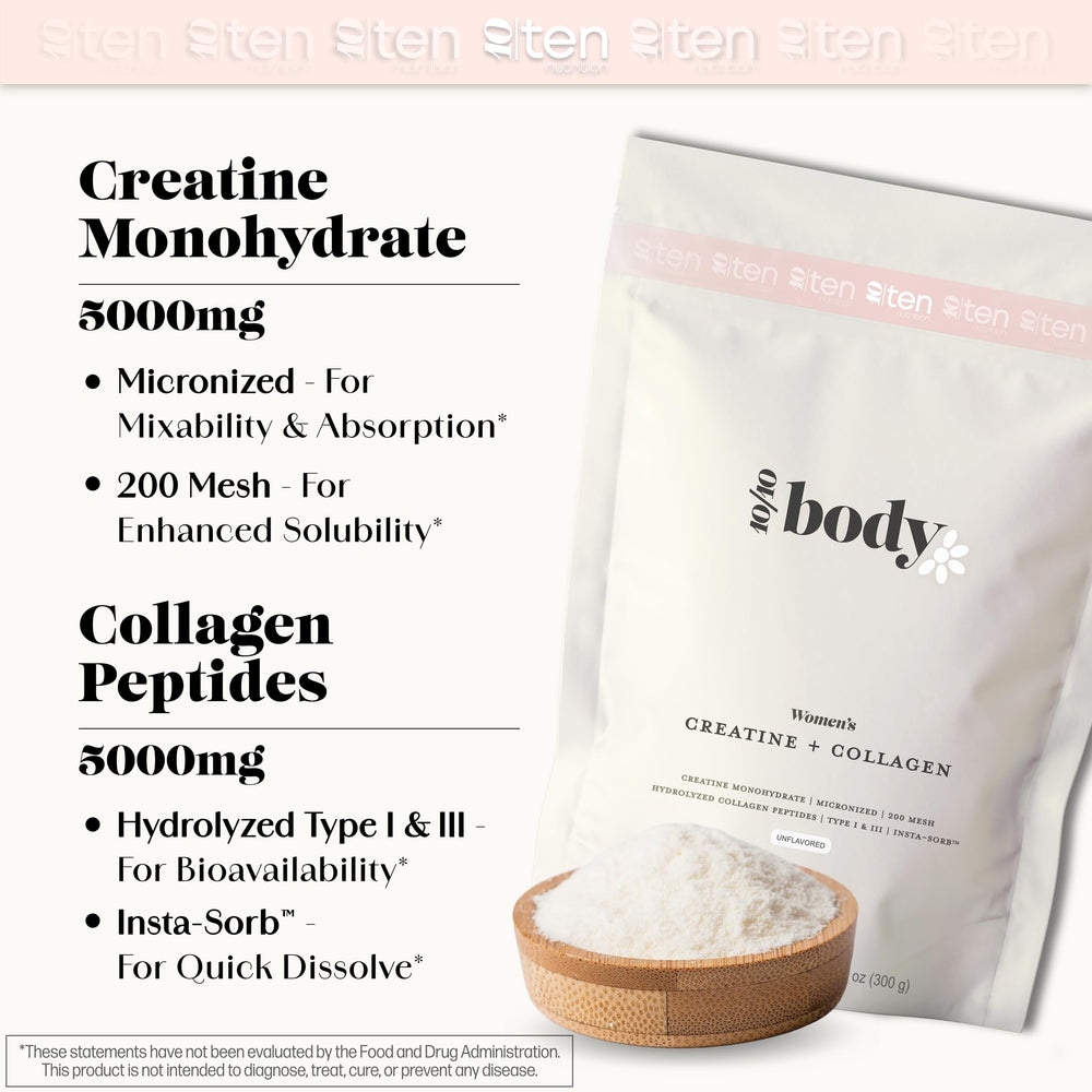 10Ten Nutrition Creatine + Collagen for Women scoop measuring a serving for energy during training