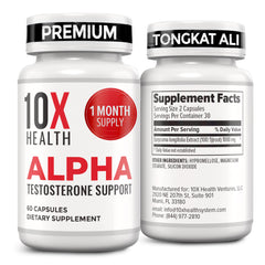 10X Health Alpha Testosterone Supplement bottle front, promoting vitality and endurance.