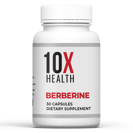 10X Health Berberine bottle front for daily support with dihydroberberine absorption.