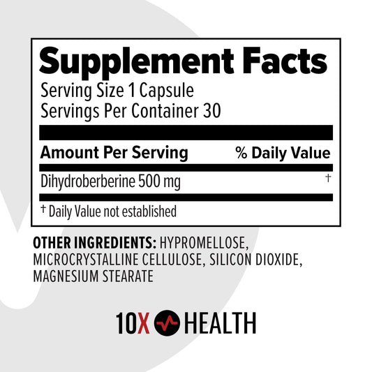 10X Health Berberine bottle pour demonstrates easy dosing for heart and gut balance.