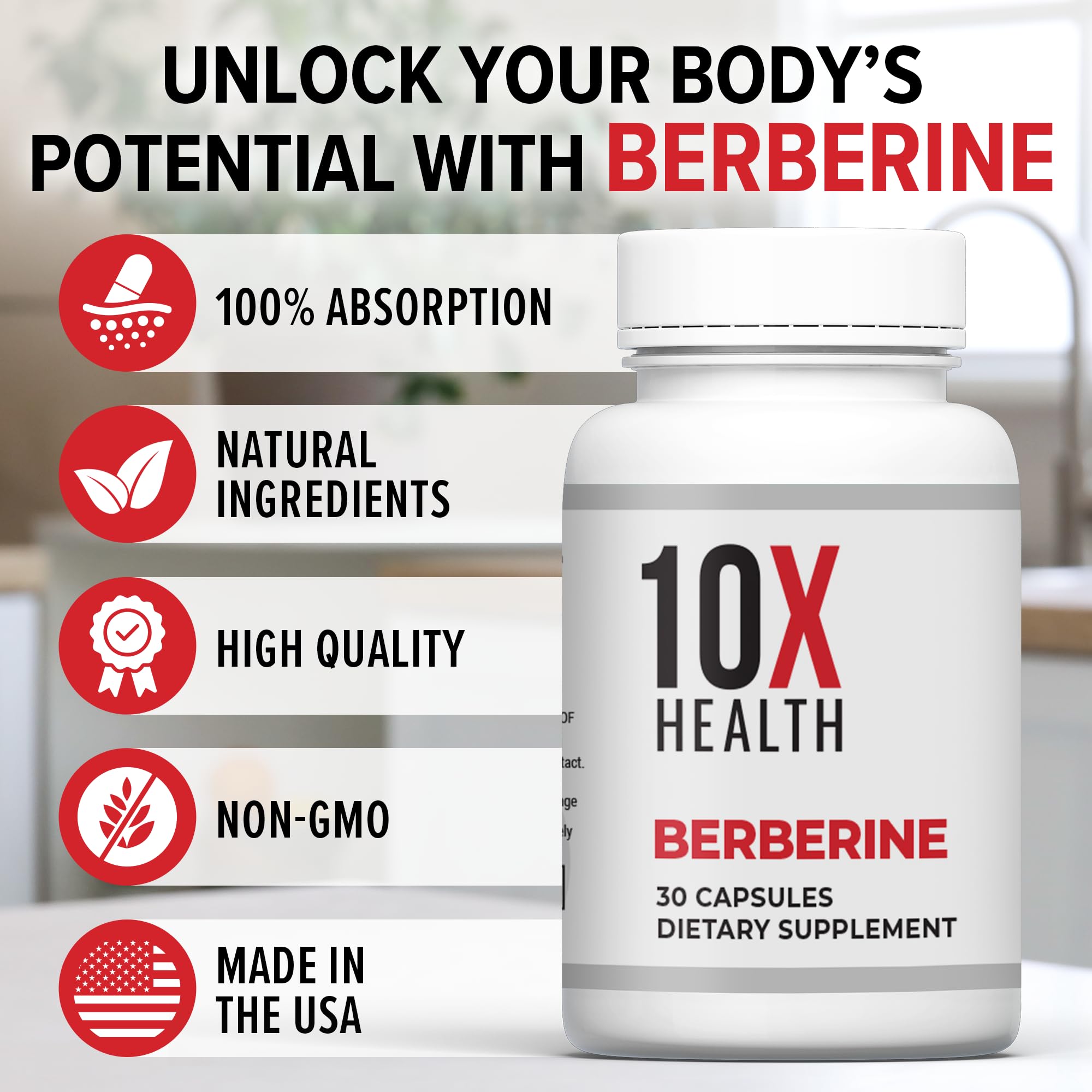 10X Health Berberine packaging box emphasizes premium formulation and safety.