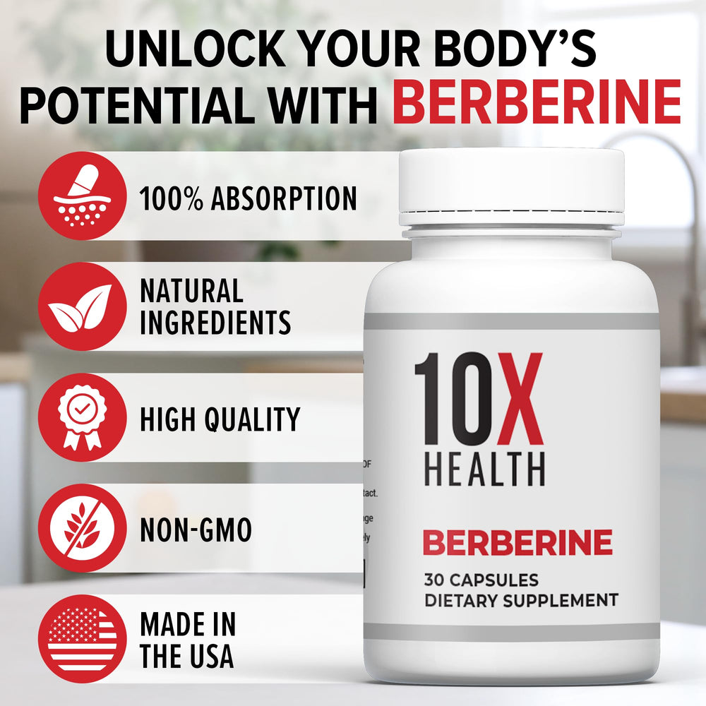 10X Health Berberine packaging box emphasizes premium formulation and safety.