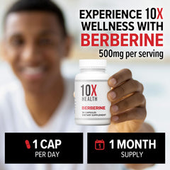 10X Health Berberine supplement facts chart reveals serving size and key ingredients.