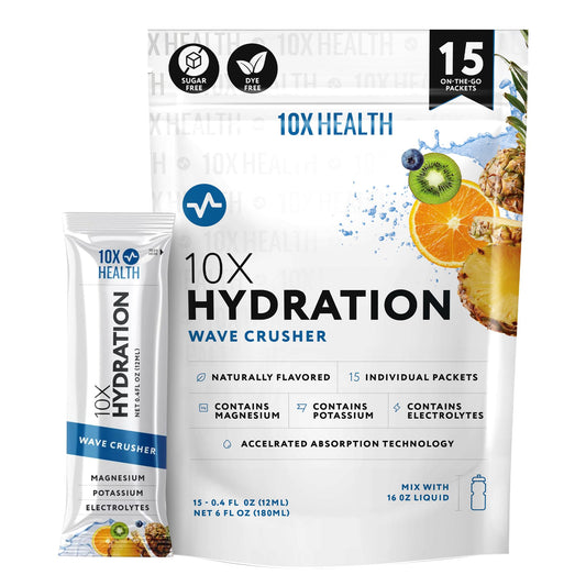 10X Health Wave Crusher electrolyte packet closeup for on-the-go hydration.