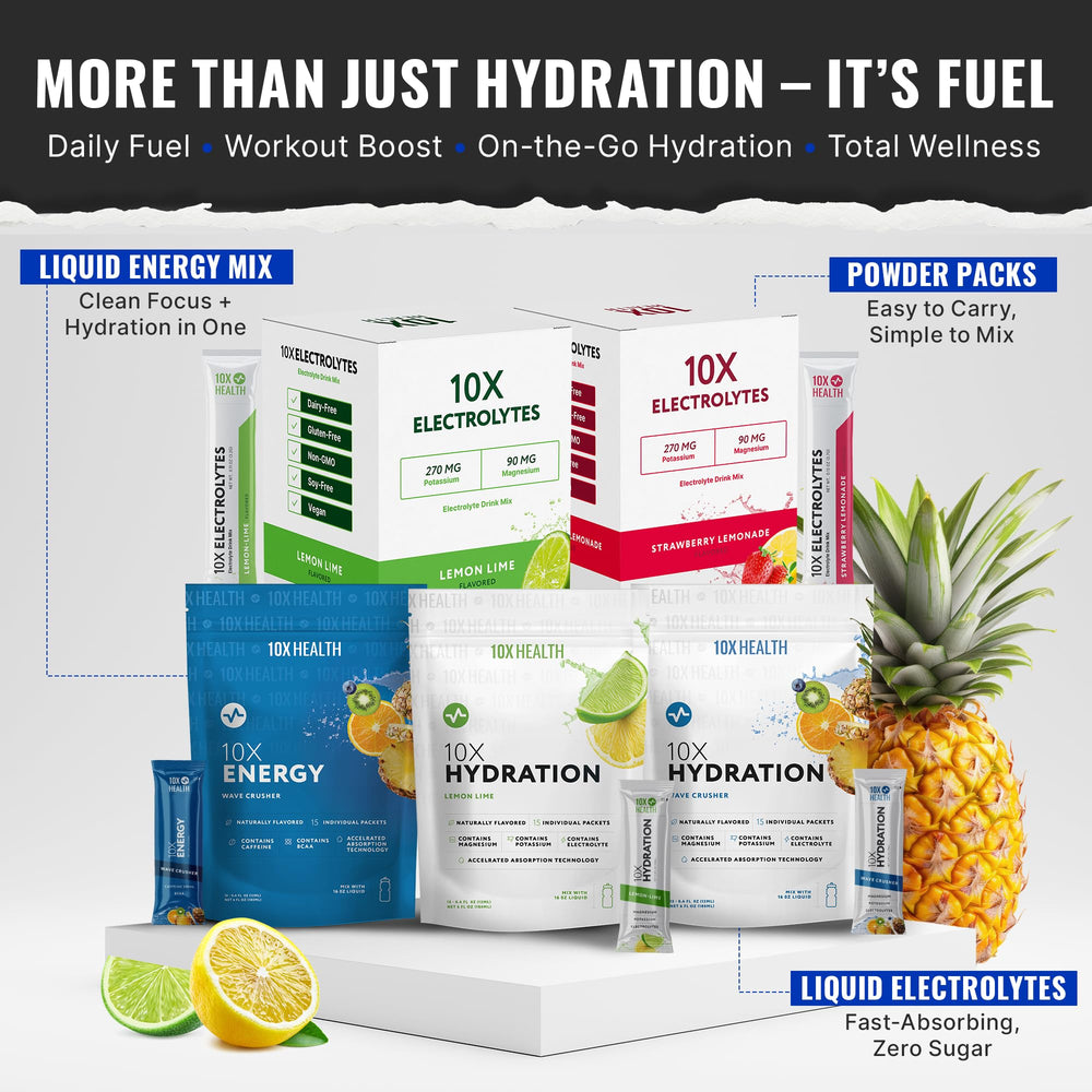 10X Health natural flavors in dye-free electrolyte sticks.
