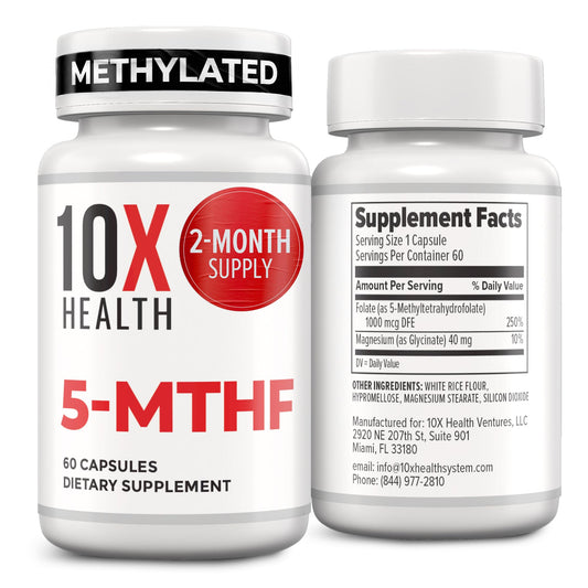 The 10X Health System 5-MTHF bottle shows high-bioavailability folate for energy and mood support.