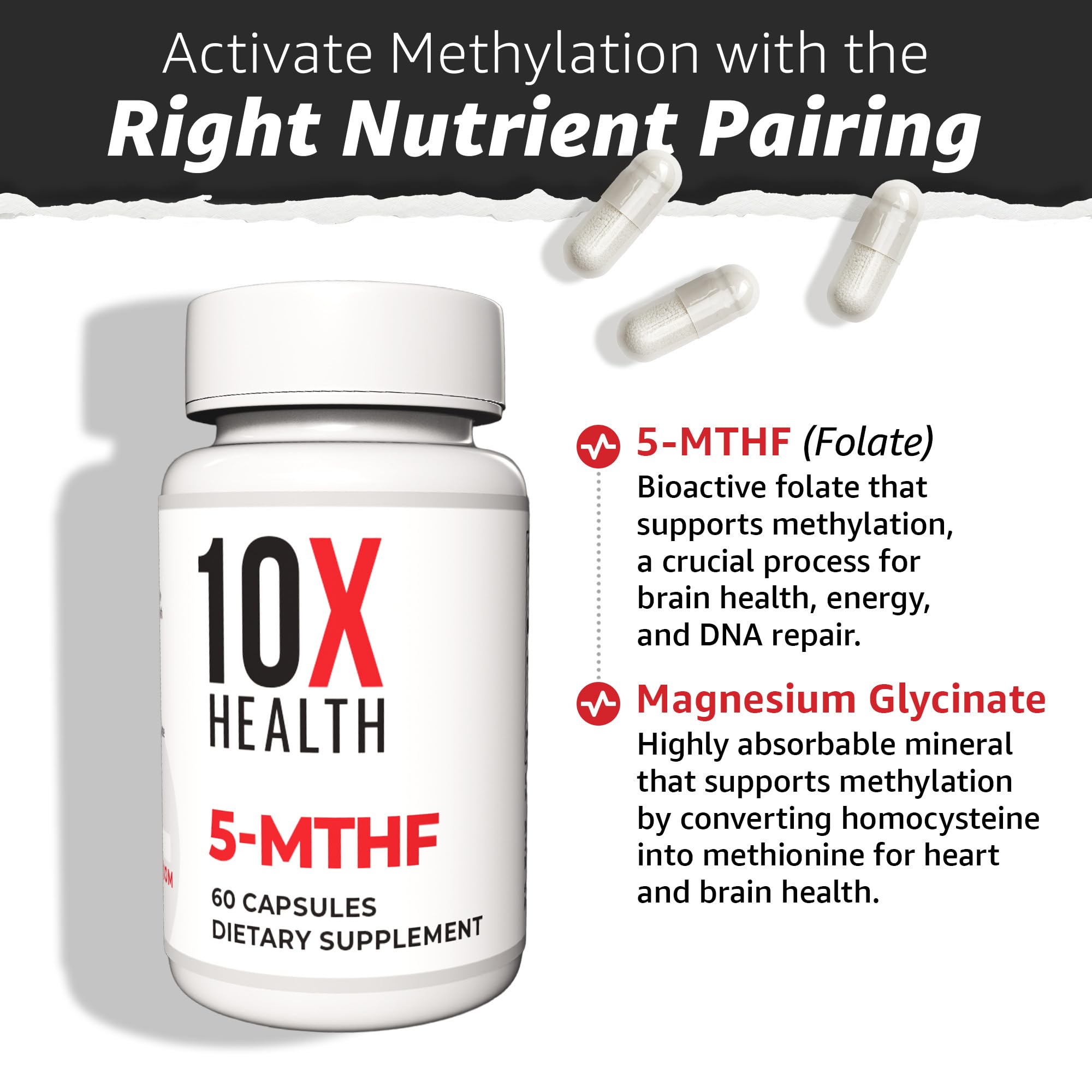 The 10X Health System brain mood support bottle highlights bioactive folate for cognitive balance.