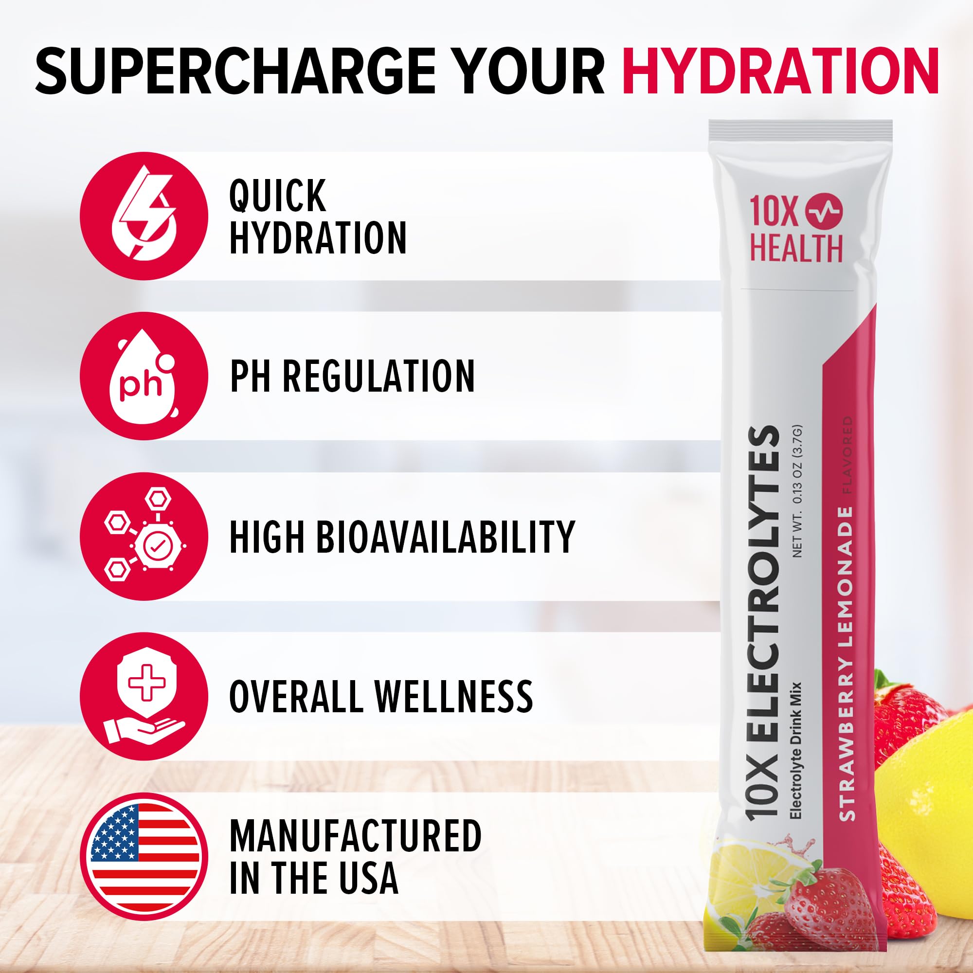 10X Health System electrolytes glass with ice showcasing refreshing strawberry lemonade flavor.