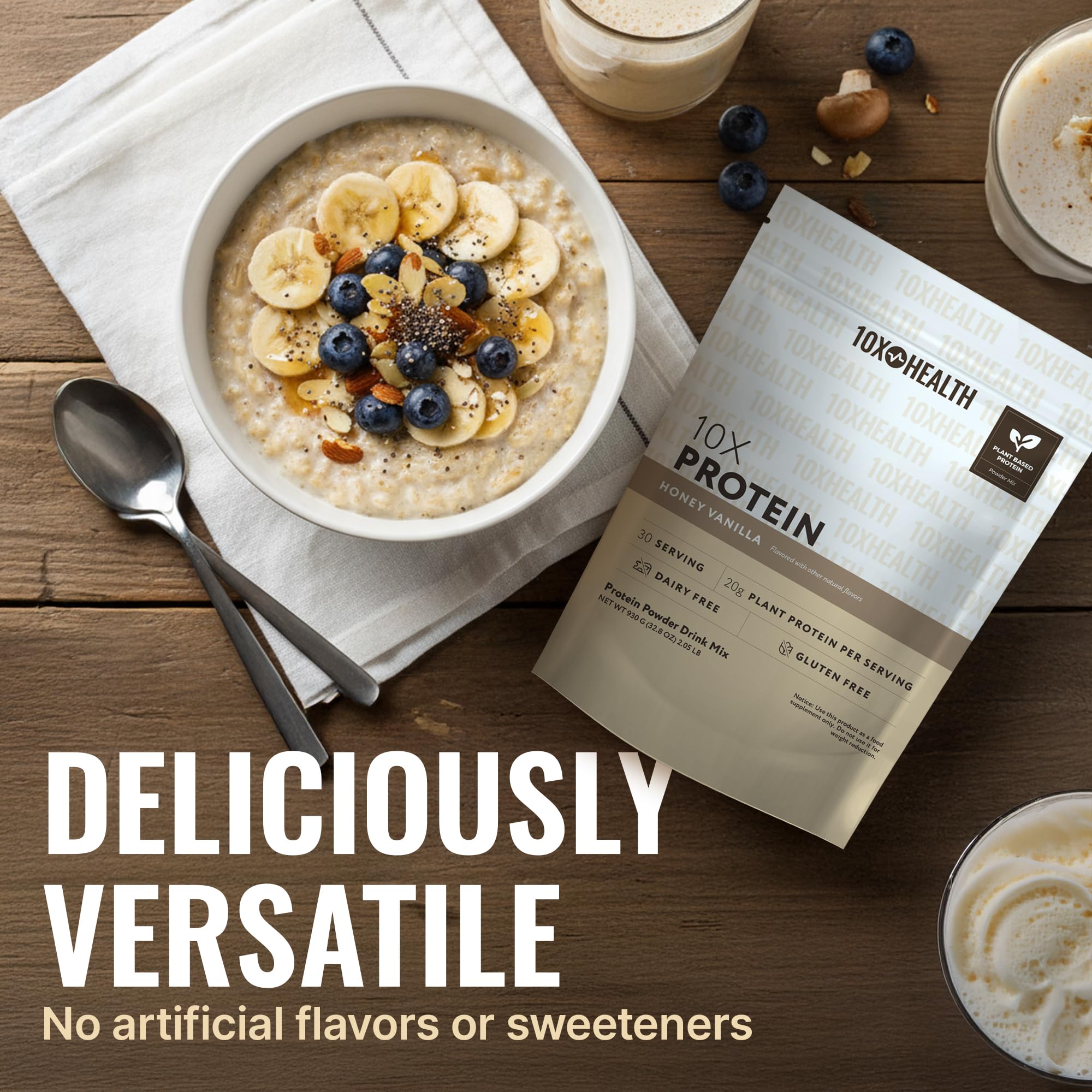 10X Health System honey vanilla ingredients scene emphasizes plant-based protein sources