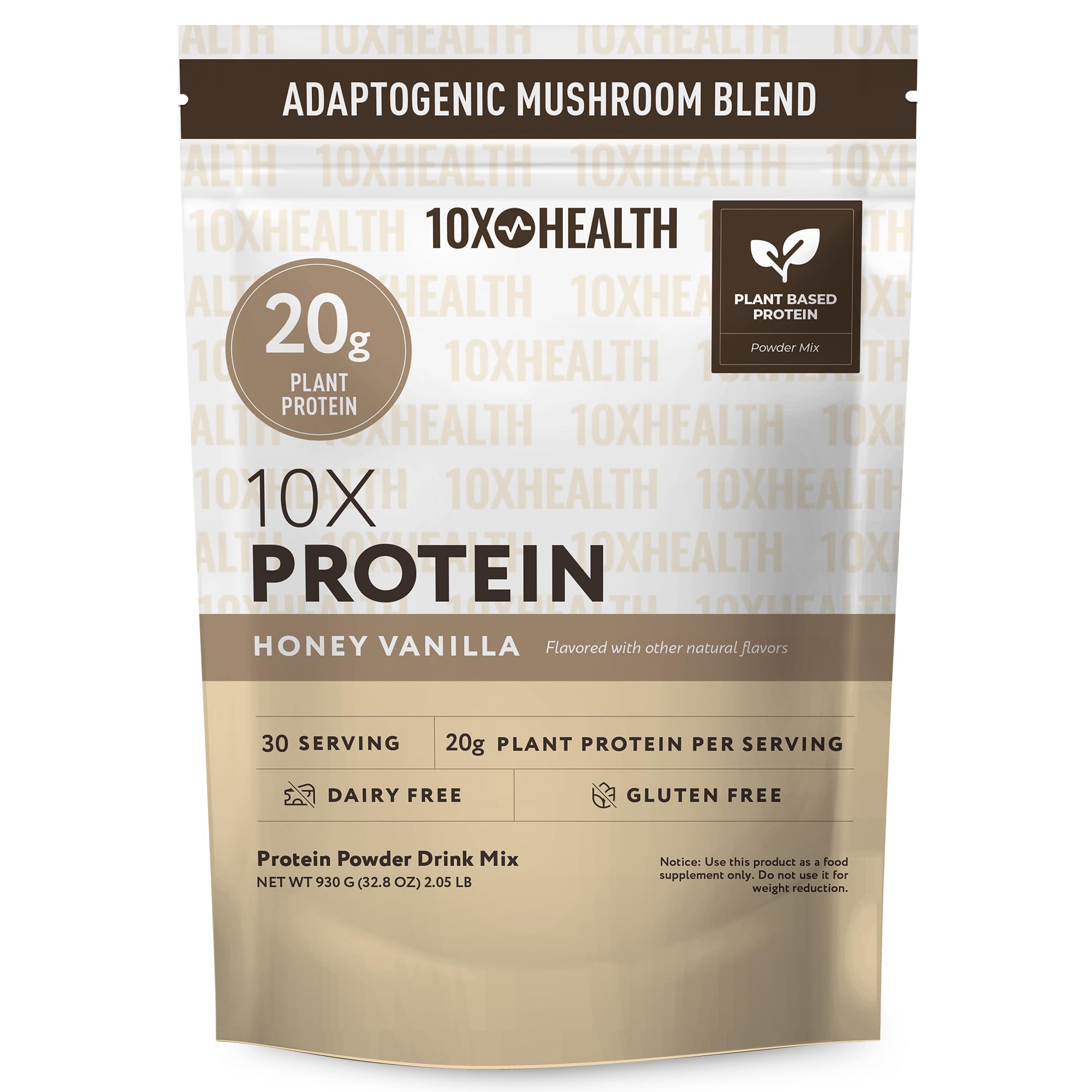 10X Health System honey vanilla protein powder tub highlights 20g plant protein per serving
