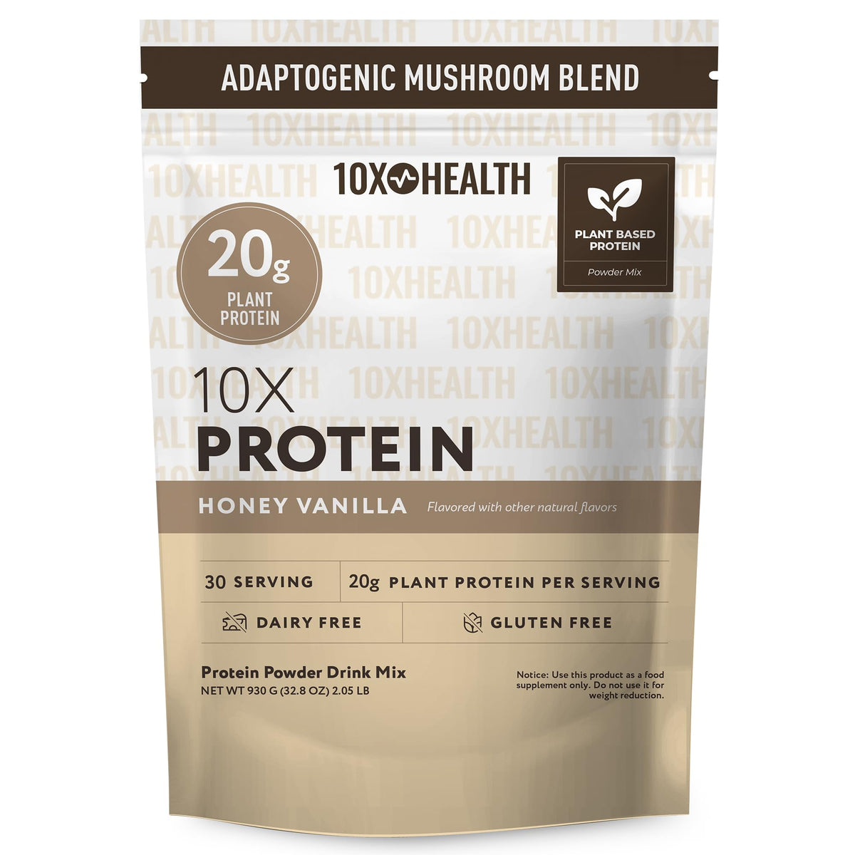 10X Health System honey vanilla protein powder tub highlights 20g plant protein per serving