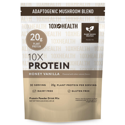 10X Health System honey vanilla protein powder tub highlights 20g plant protein per serving
