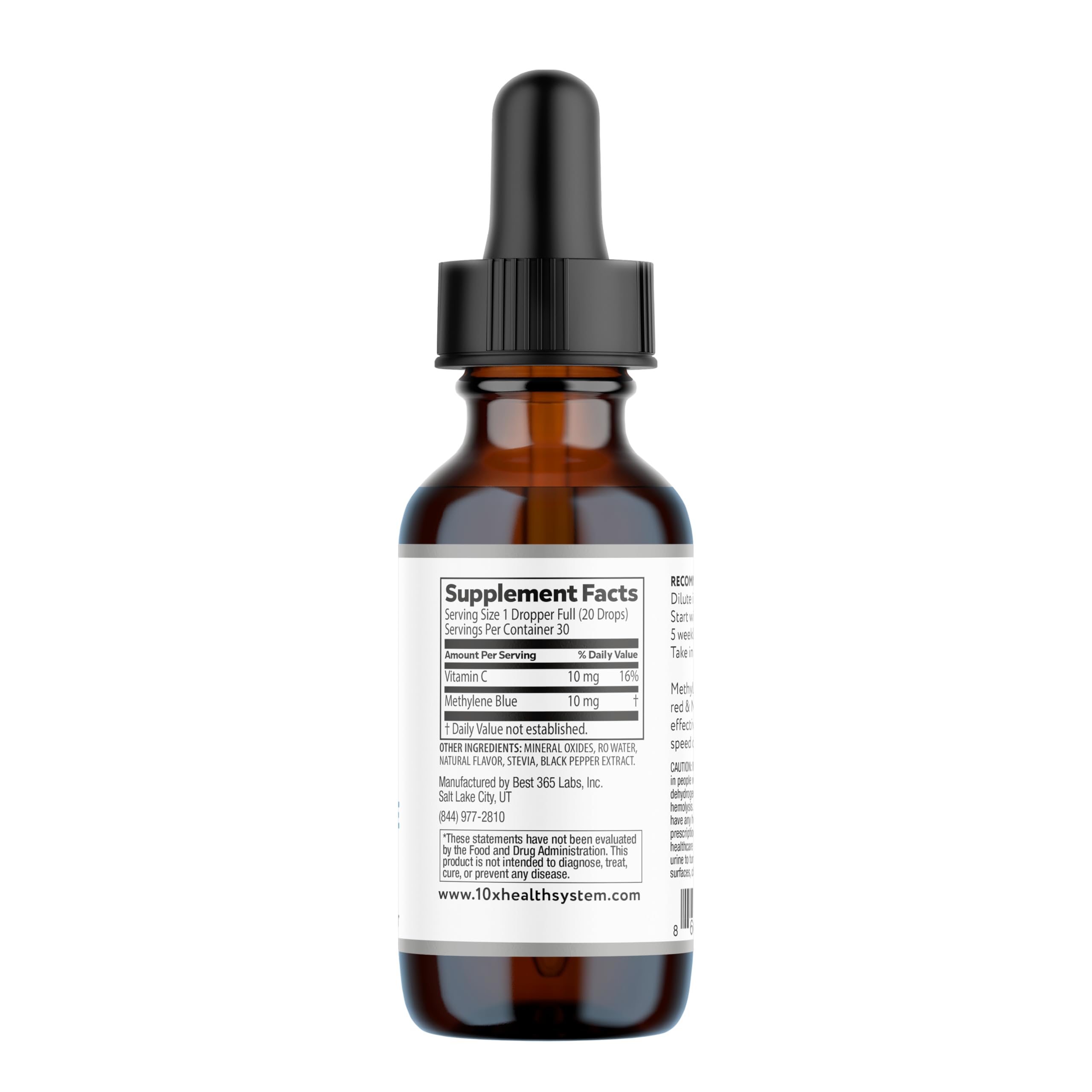 10X Health System Methylene Blue Drops ingredients list closeup.