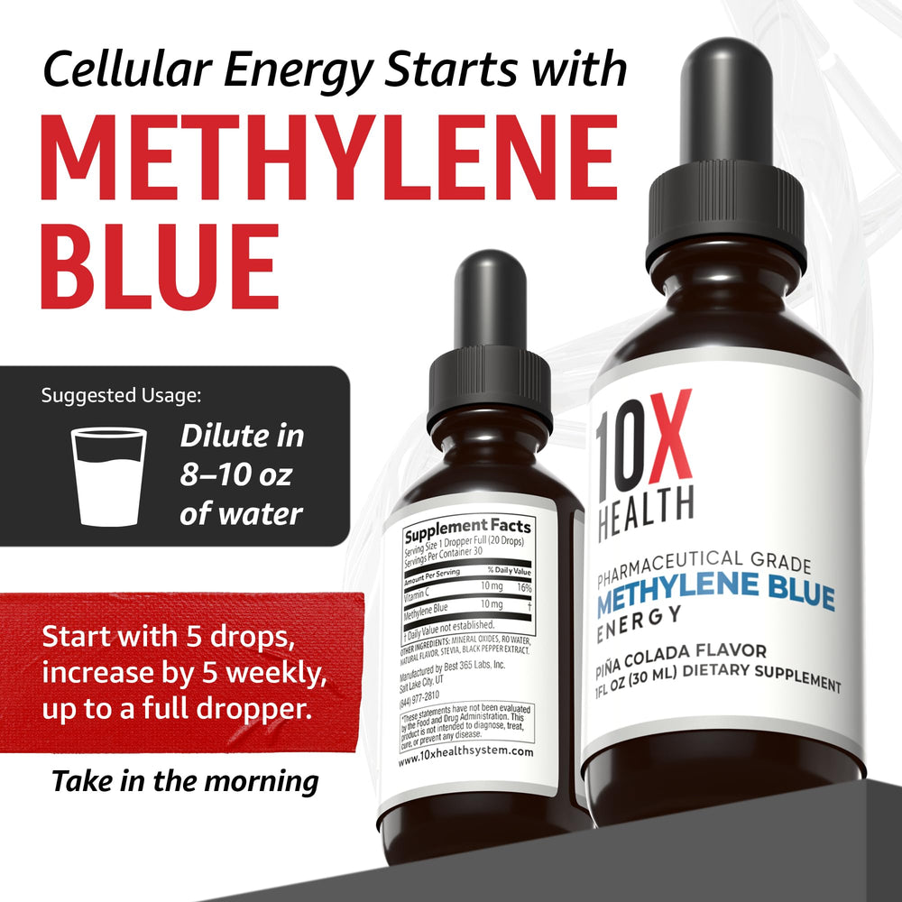 10X Health System Methylene Blue Drops label showing vegan and non-GMO ingredients.
