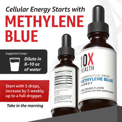 10X Health System Methylene Blue Drops label showing vegan and non-GMO ingredients.