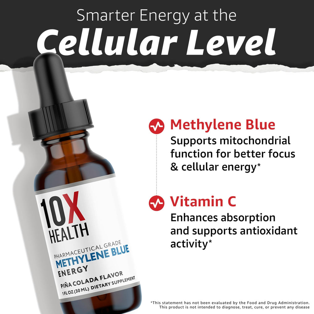 10X Health System Methylene Blue Drops packaging image communicates quality and safety.