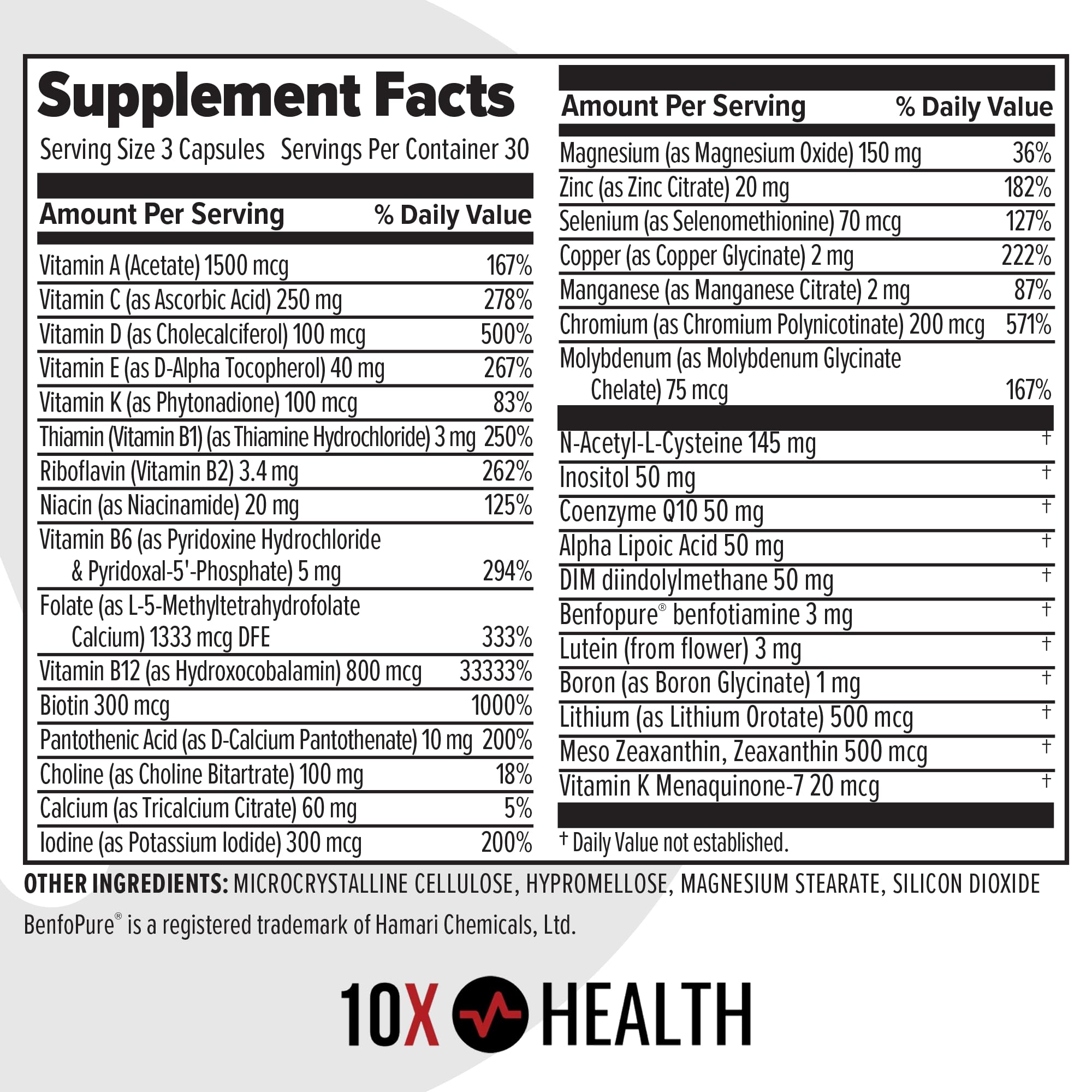 Magnified view of 10X Health System Optimize B12 details for methylated vitamin clarity.