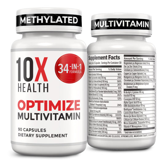 10X Health System Optimize methylated multivitamin bottle for daily support on the go.