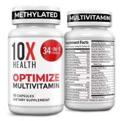 10X Health System Optimize methylated multivitamin bottle for daily support on the go.