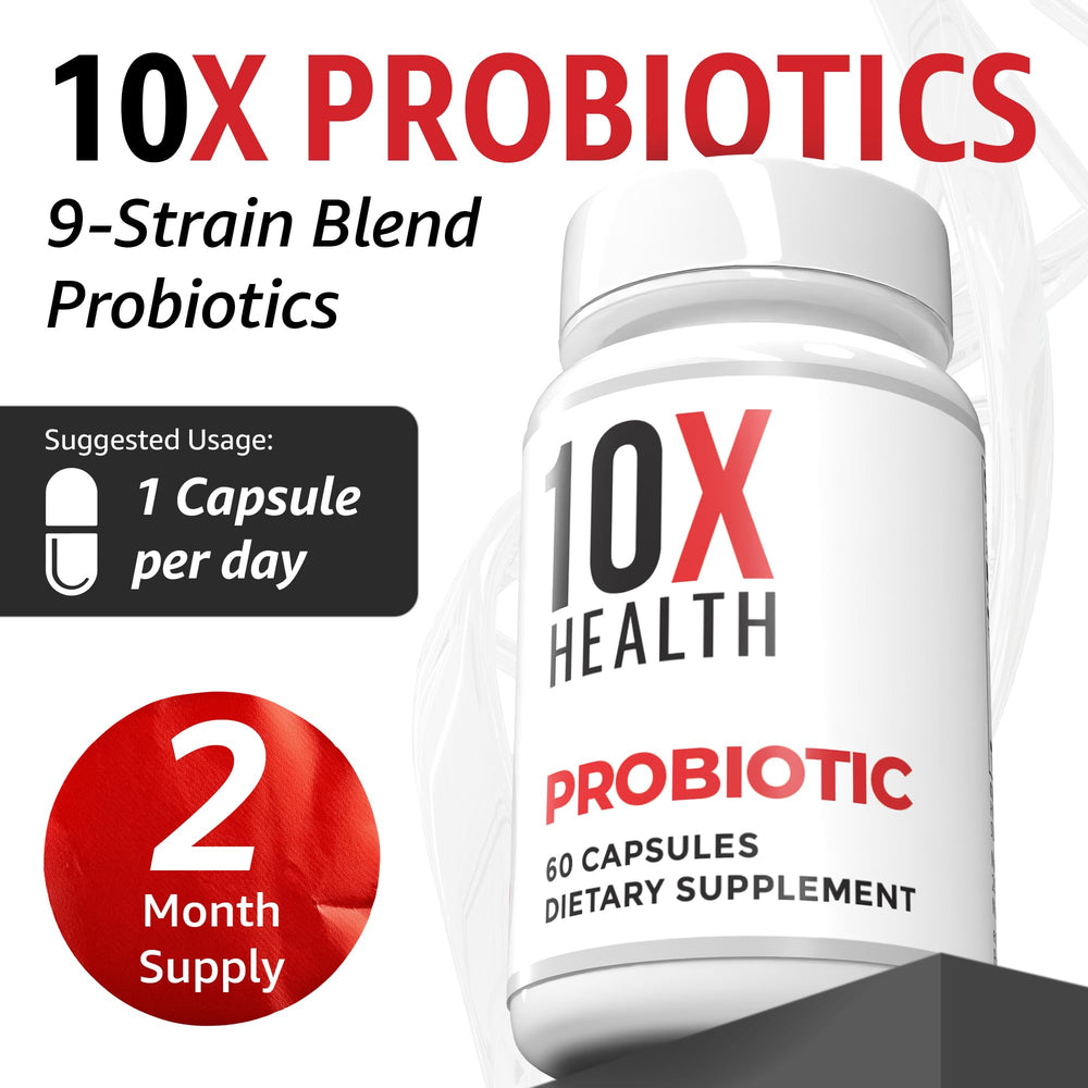 10X Health System probiotics on desk with fruit implying convenient intake and lifestyle integration