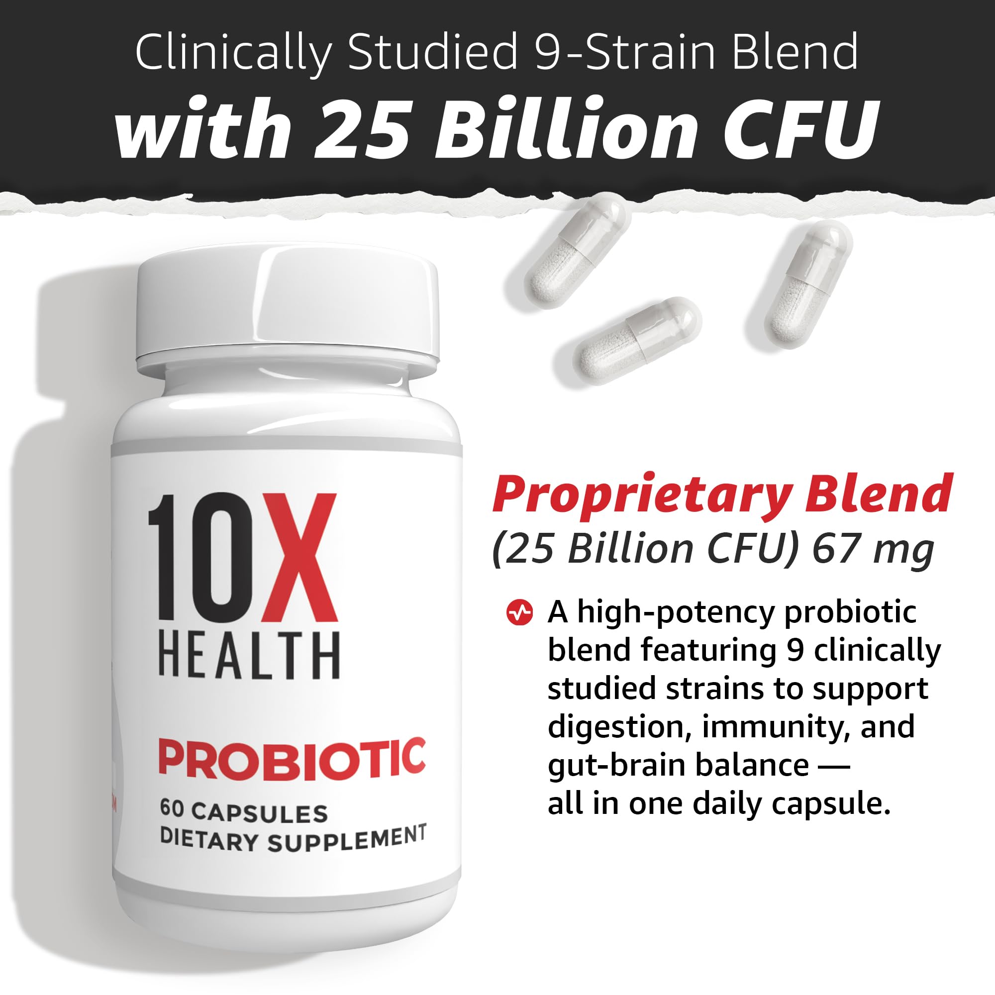 10X Health System probiotics label close-up illustrating 25 billion CFU per serving