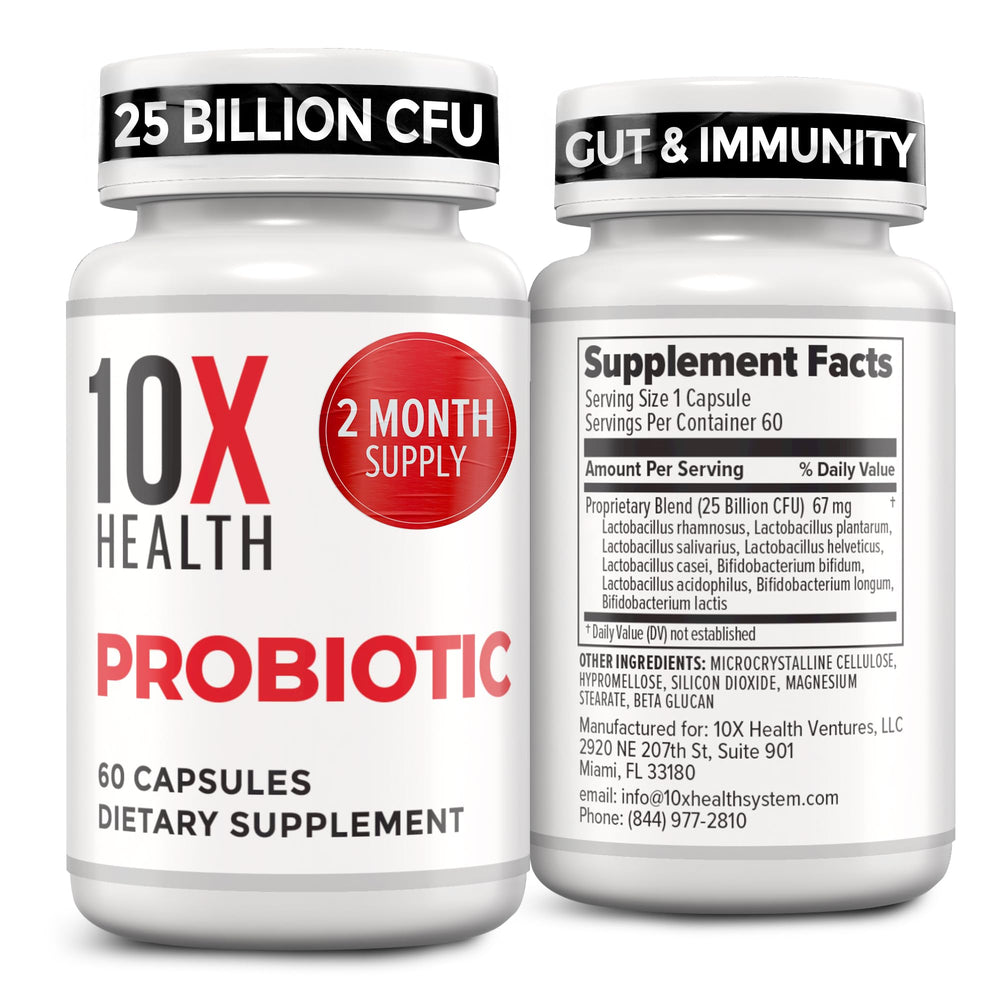 10X Health System Probiotics for Men bottle close-up showing immune support and gut balance