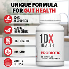 10X Health System men probiotic package with seal showing quality testing