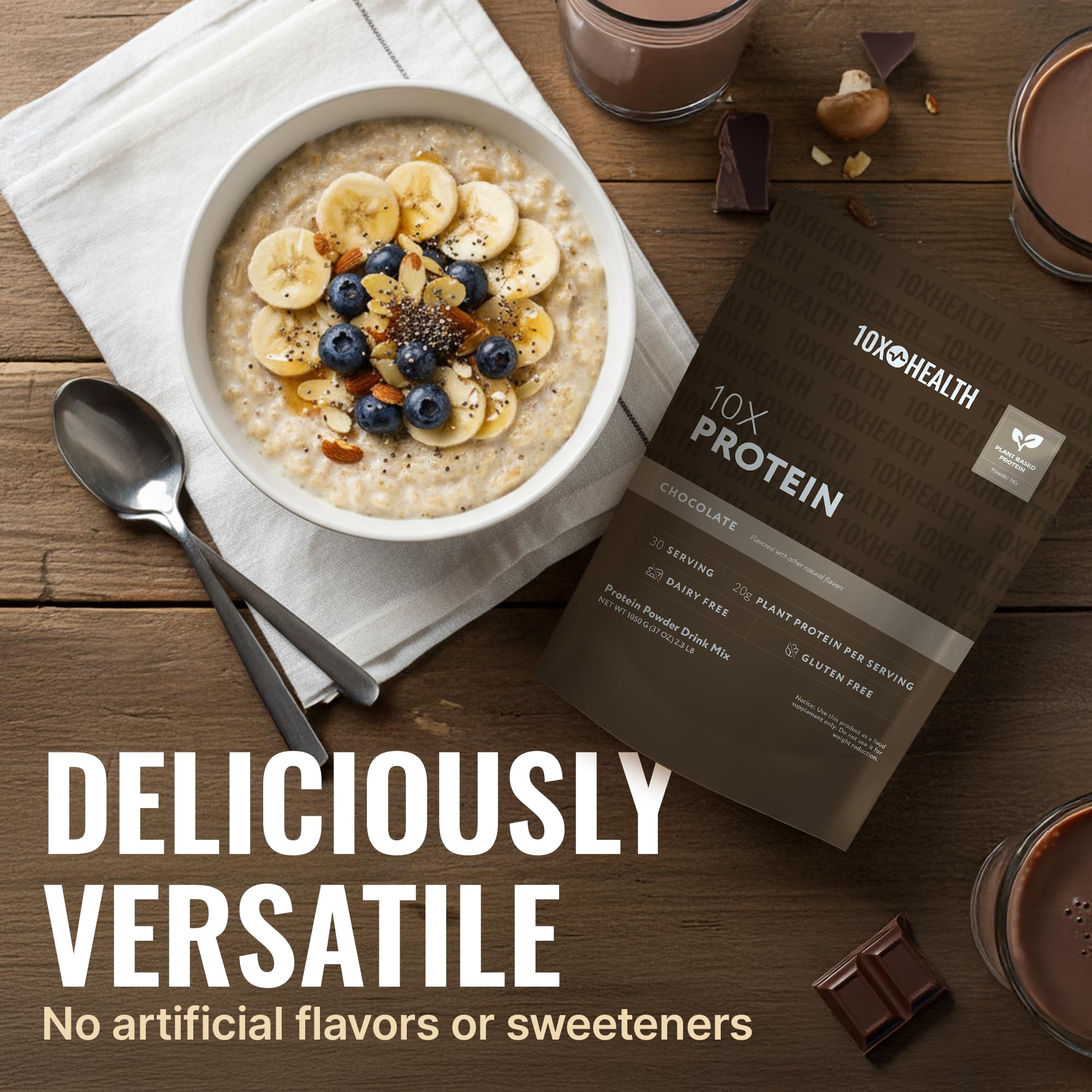 10X Health System vegan protein powder chocolate gluten-free label on packaging.