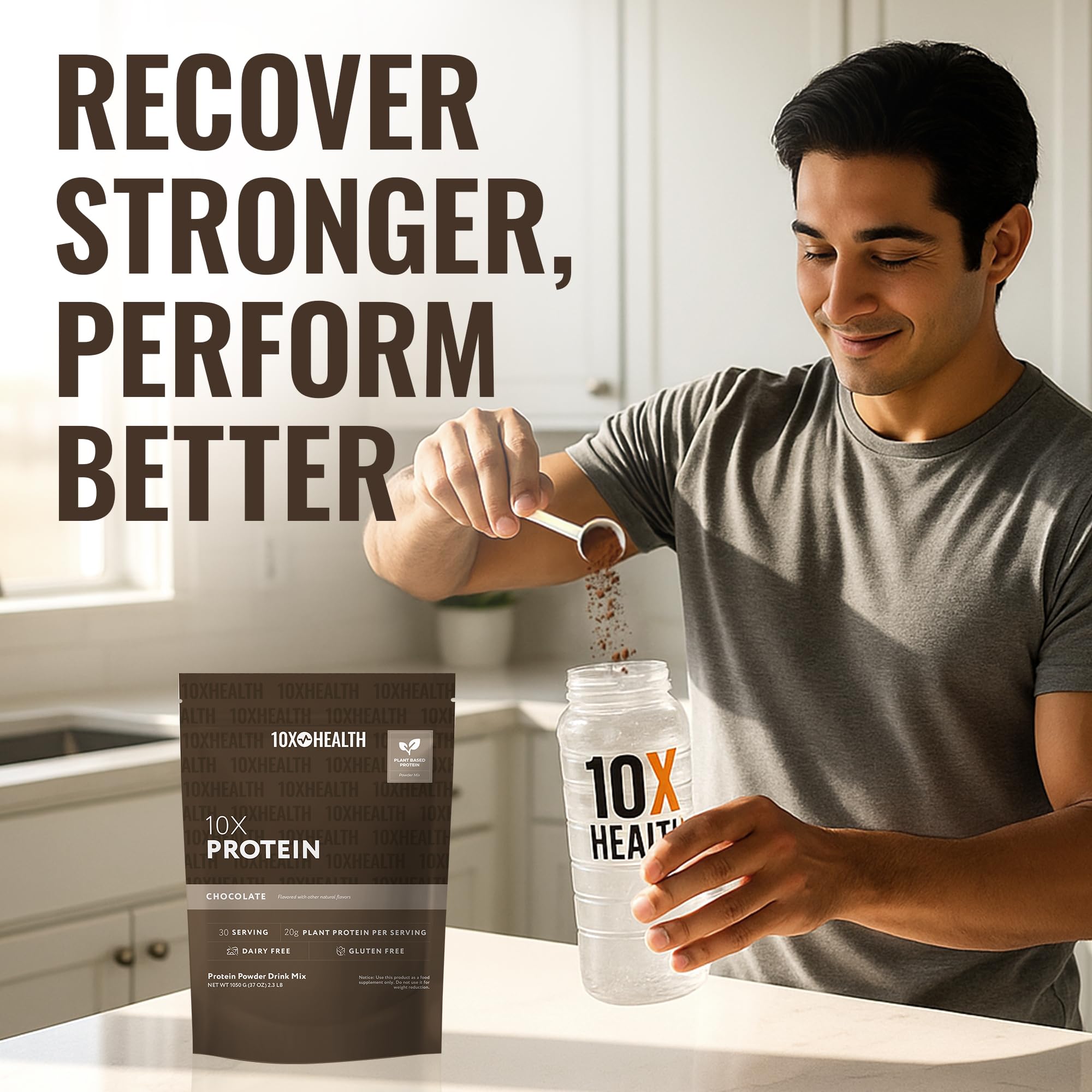 10X Health System vegan protein powder chocolate ingredients close-up highlights plant protein.