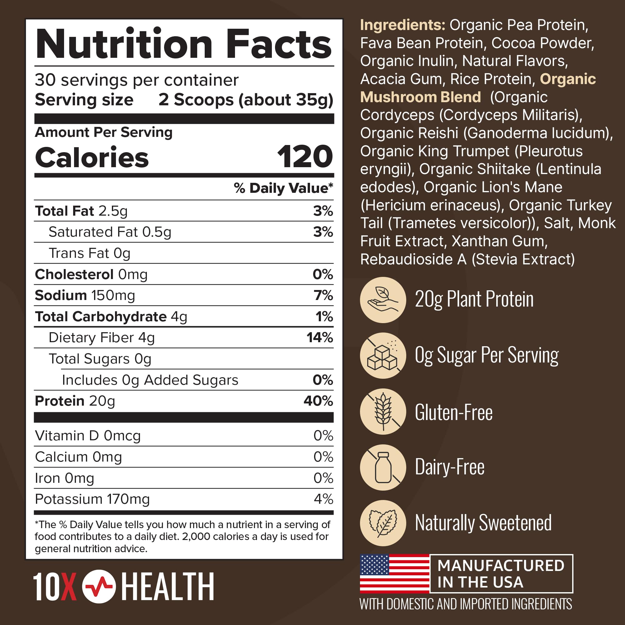 10X Health System vegan protein powder chocolate jar open with glass for serving.