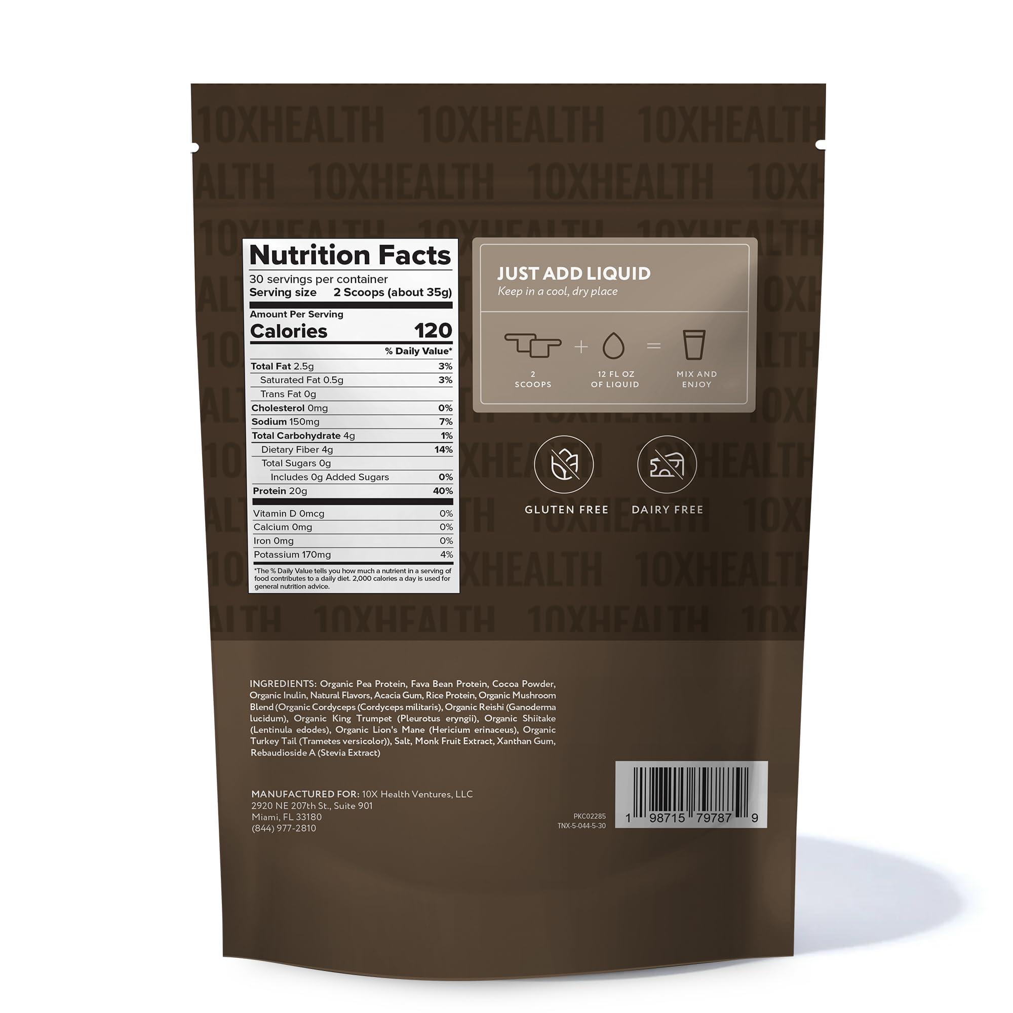 10X Health System vegan protein powder chocolate shake after-mix texture in a glass.