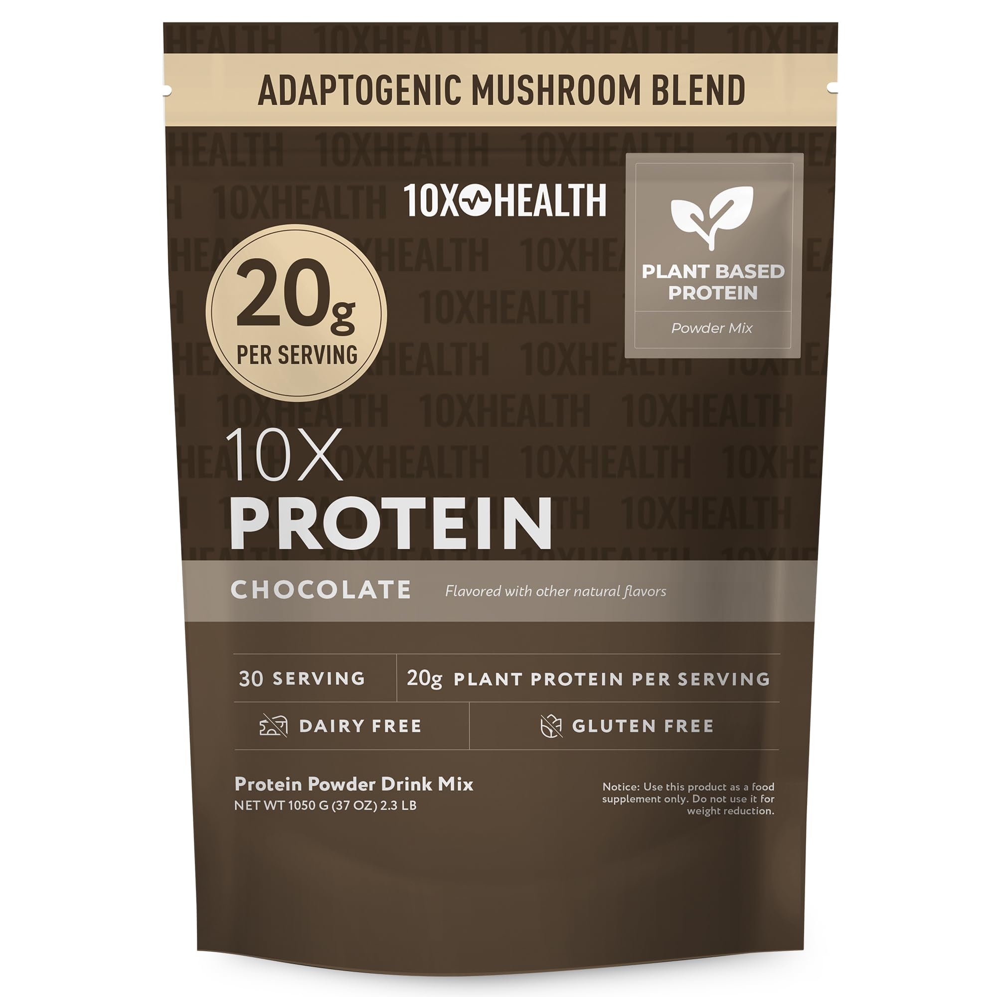10X Health System vegan protein powder chocolate tub front supports muscle growth.