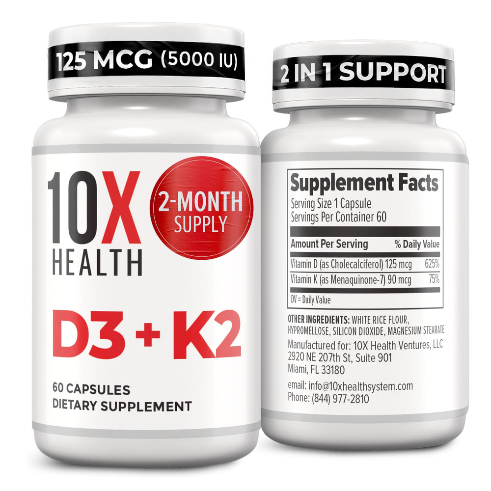 10X Health System vitamin d3 5000 iu k2 mk7 bottle on desk supports bone health