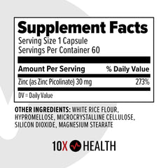 10X Health System zinc capsule close-up highlighting easy-to-swallow form.