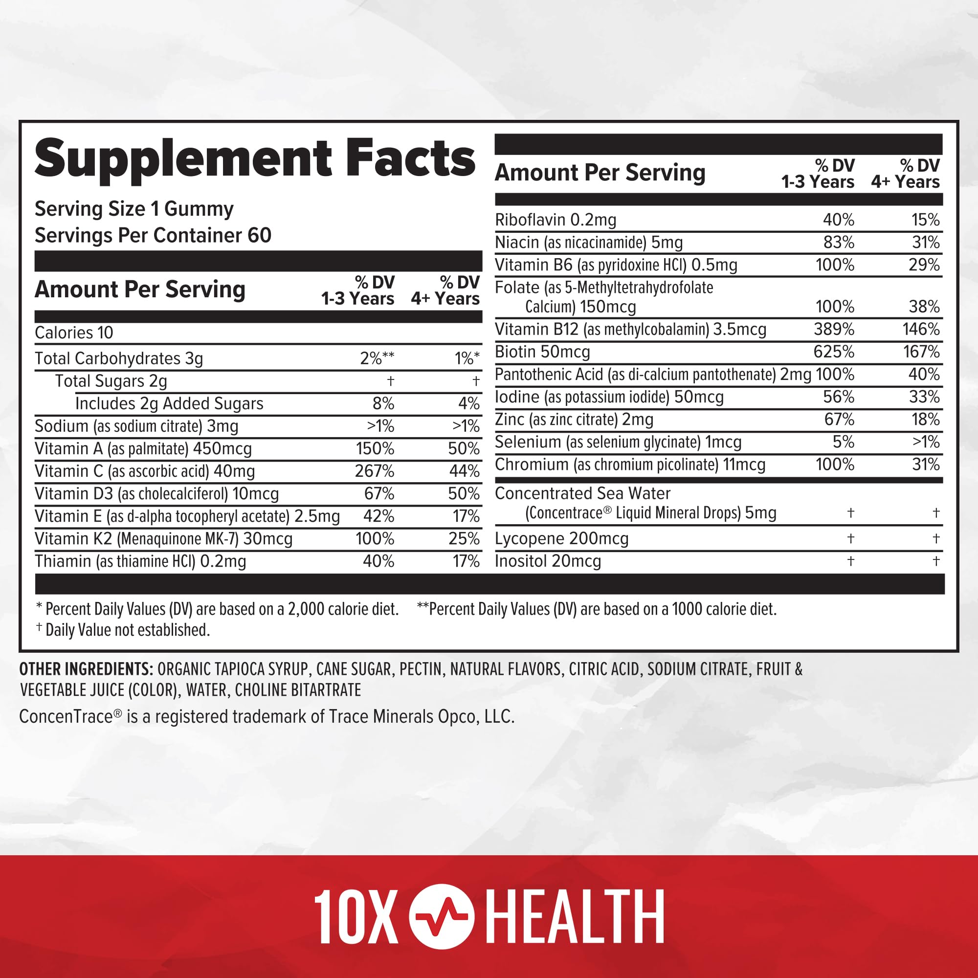 10X Health USA-made quality testing label close-up.