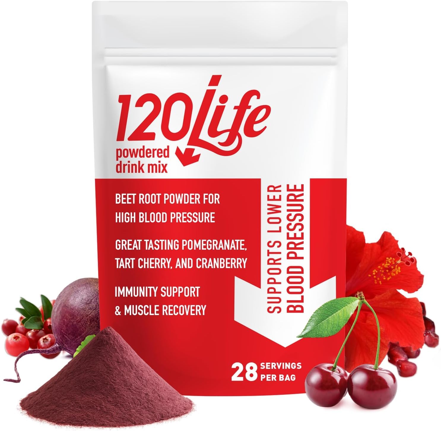 120LIFE Blood Pressure Support beet root powder in glass, a natural daily wellness option.