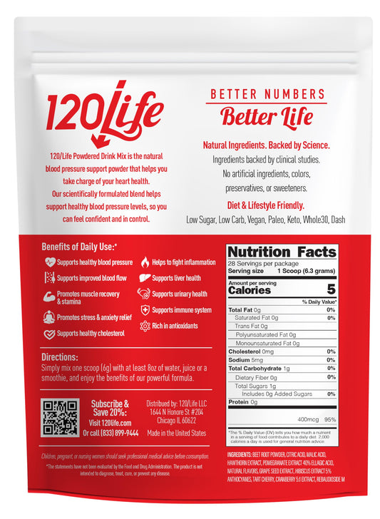 120LIFE Blood Pressure Support pomegranate extract in glass, adds bright flavor and hydration.