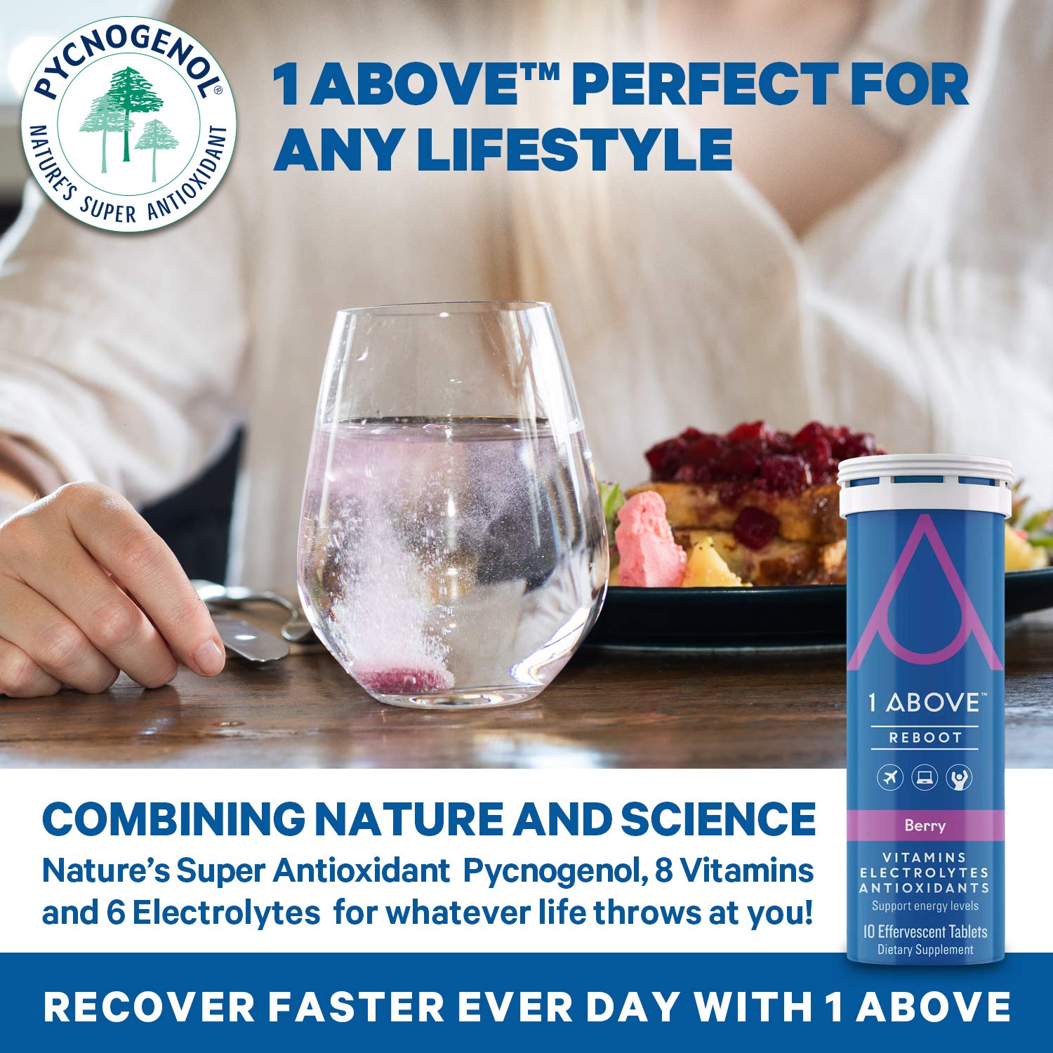 Traveler using 1ABOVE Jet Lag Relief in a hotel room before sightseeing