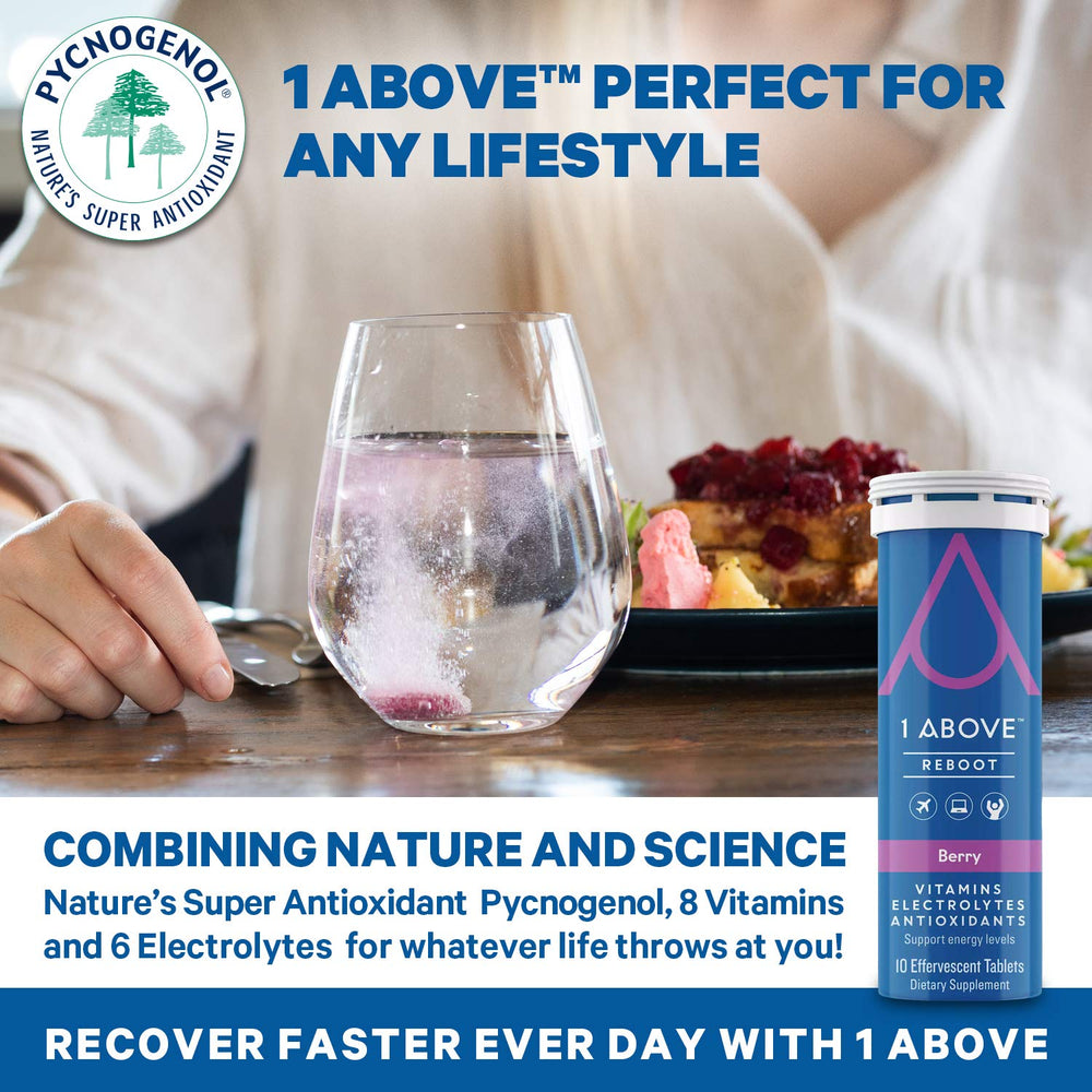 Traveler using 1ABOVE Jet Lag Relief in a hotel room before sightseeing
