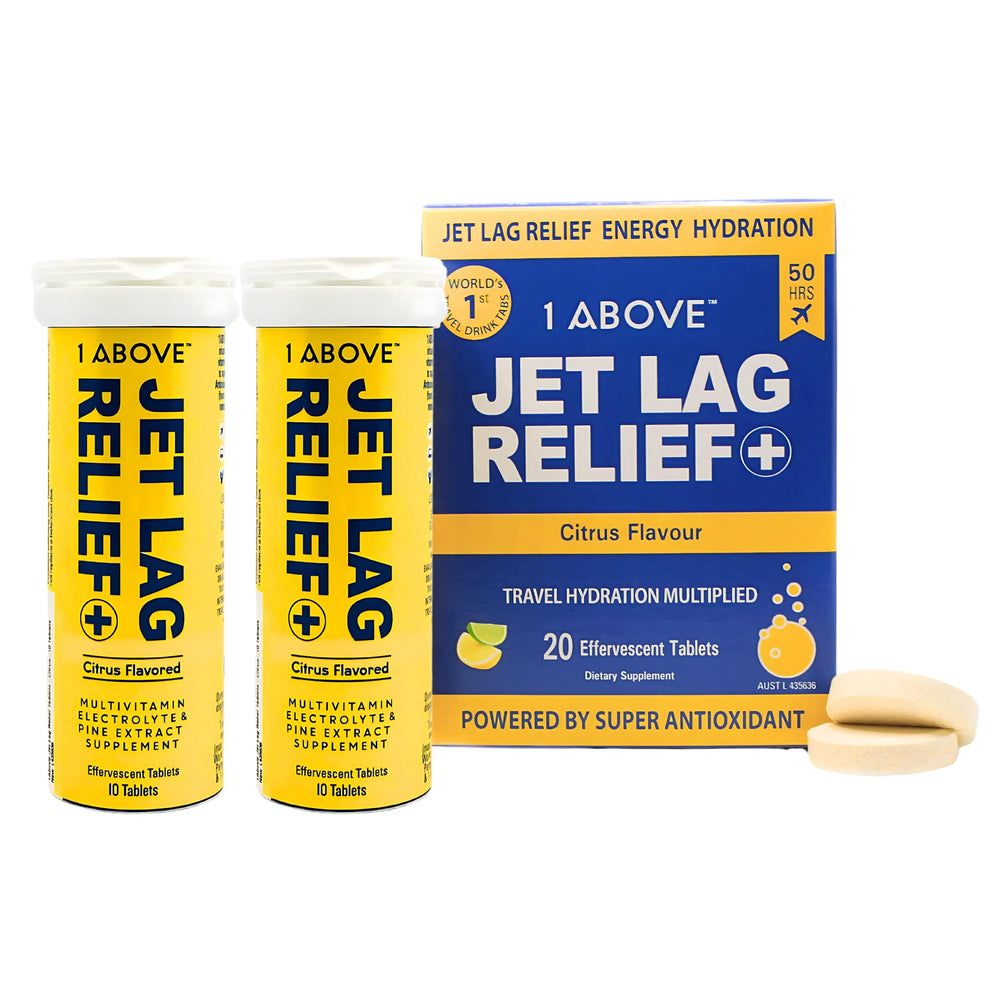 1ABOVE Jet Lag Relief Tablets packaging highlighting citrus flavor for travel